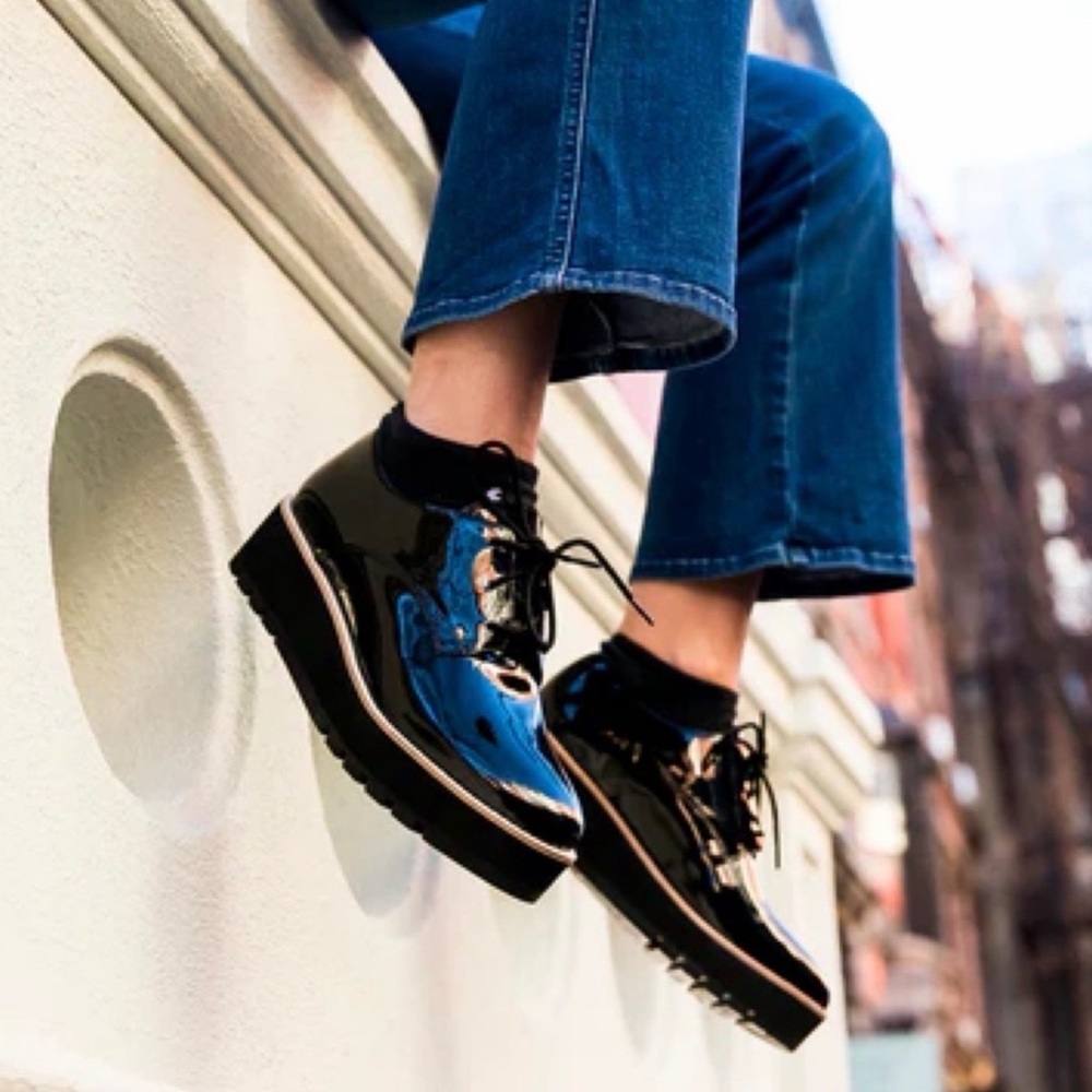 Eileen Fisher Eddy Derby Black Patent Platform Lace up Oxford Shoe ~ Size 7.5 - Picture 15 of 15